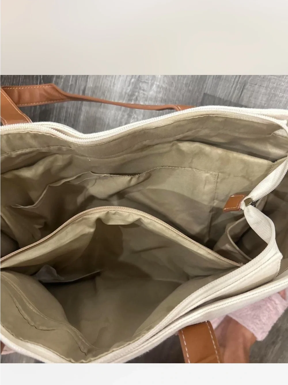 Canvas Tote Bag with Brown Leather Trim - White